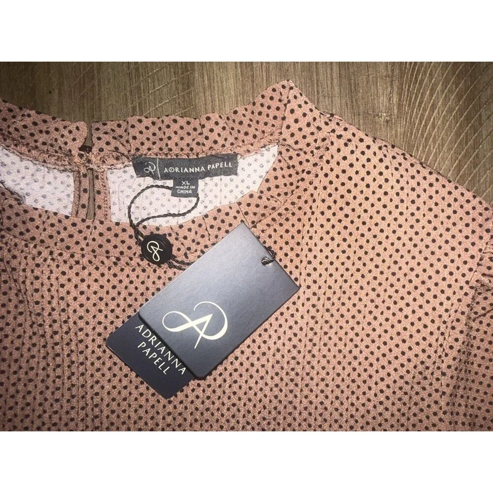 NWT Adrianna Papell Polka Dot Print Ruffle Neck Puffed Sleeve Pleated Top XL $69